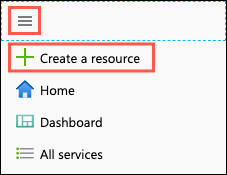 The Show portal menu icon is highlighted, and the portal menu is displayed. Create a resource is highlighted in the portal menu.