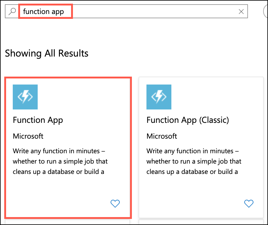 Function app is highlighted in the search box, and the Function App row is highlighted in the results below that.
