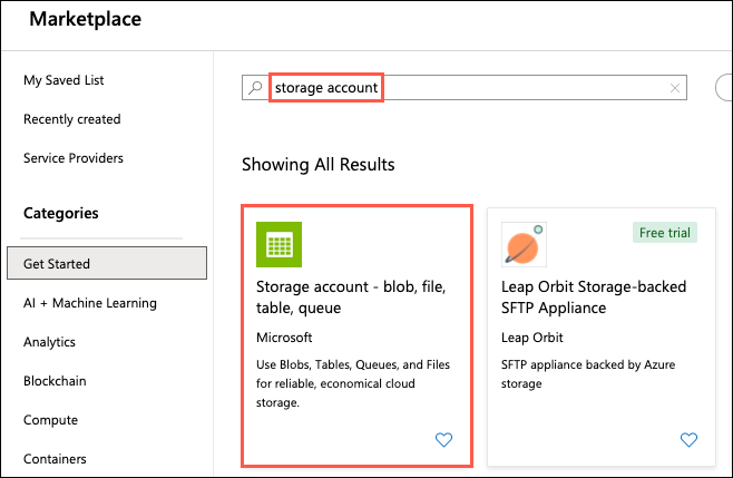 “Storage account” is entered into the Search the Marketplace box. Storage account is selected in the results.