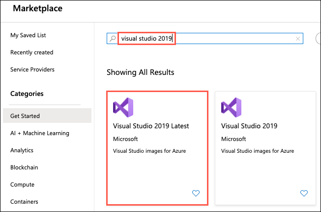 “Visual studio 2019” is entered into the Search the Marketplace box. Visual Studio 2019 latest is selected in the results.