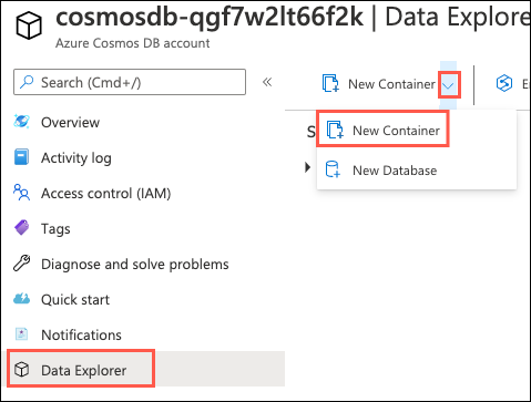In the Data Explorer blade, the Data Explorer item is selected in the left menu. The New Container button is selected in the Data Explorer pane.