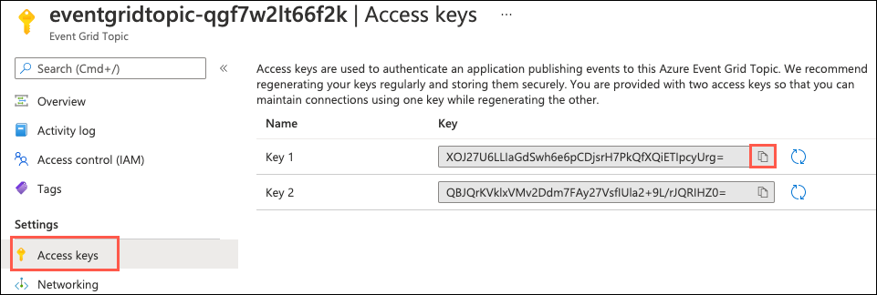 In the eventgridtopic blade, in the left menu under Settings, Access keys is selected. In the listing of Access keys, the copy button next to the Key 1 access key is selected.
