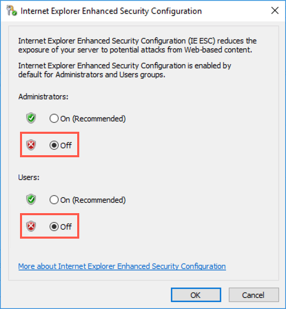 Screenshot of the Internet Explorer Enhanced Security Configuration dialog box, with Administrators set to Off.