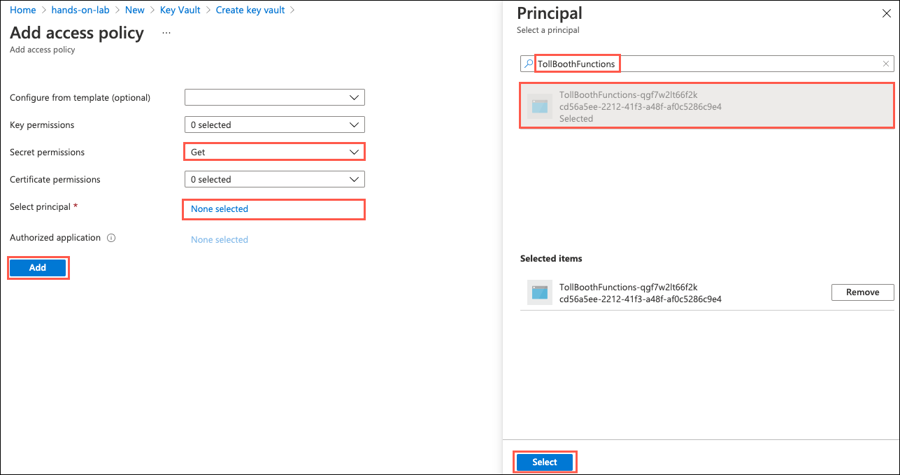 In the Add access policy form, the Select principal field is highlighted.