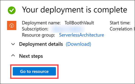 When the deployment completes, a message is displayed indicating Your deployment is complete. The Go to resource button is highlighted in the next steps section.