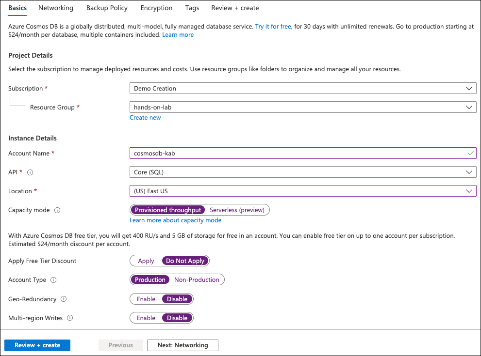 Fields in the Azure Cosmos DB blade are set to the previously defined settings.