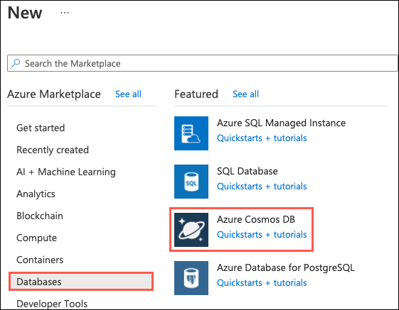 In Azure Portal, in the menu, New is selected. Under Azure marketplace, Databases is selected, and under Featured, Azure Cosmos DB is selected.